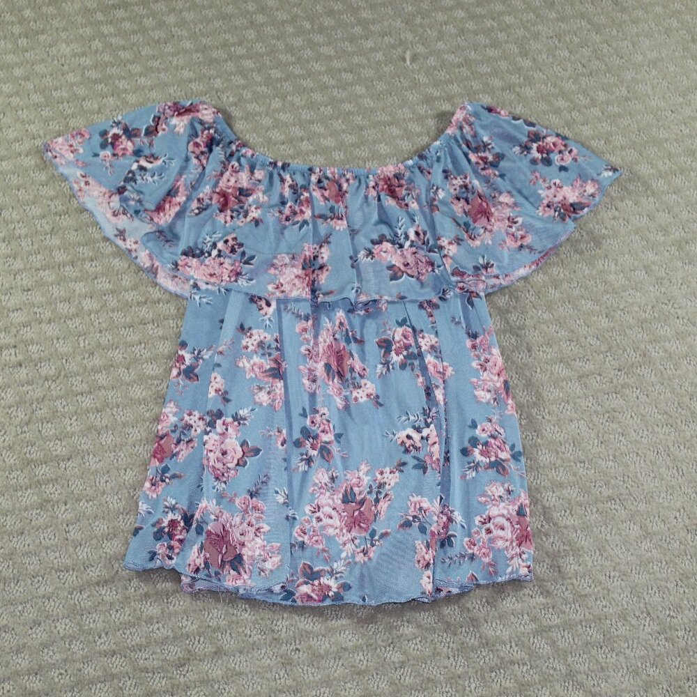 Ultra Flirt Women's Small Blue and Pink Floral Ruffle Top